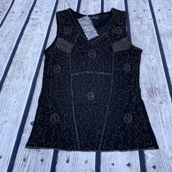PRETTY ANGEL Black Iridescent Beaded Silk Tank S/M - Picture 3 of 10